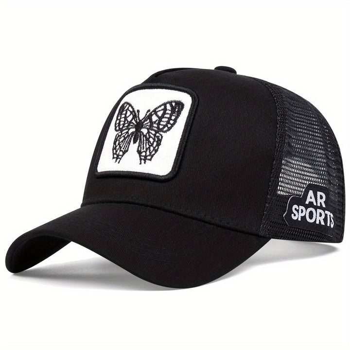 Gorra de Camionero Bordada con Mariposa para Hombre - Gorra de Béisbol Ajustable para Protección Solar al Aire Libre, Malla Ligera y Transpirable en la Parte Posterior, Diseño Elegante de Animales en Naranja, Negro/Blanco o Amarillo, Ideal para Viajes, Va