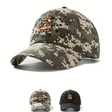 Gorra de béisbol de camuflaje negro para hombres y mujeres con personaje de caricatura bordado - Streetwear elegante, protector solar, ajustable con cierre de presión, material de poliéster, lavable a mano, equipo de cabeza para exteriores | Gorra de esta