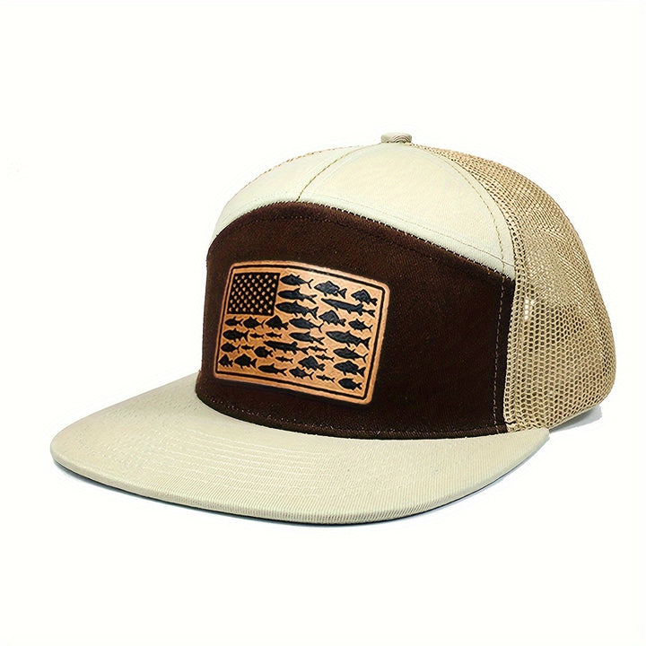 Gorra Trucker de 7 Paneles con Parche de la Bandera Americana - Parte Trasera de Malla Transpirable, Snapback Ajustable, Ligera y Duradera para Pesca, Senderismo, Camping, Actividades al Aire Libre - Unisex, Sombrero para Exteriores | Gorra Trucker Elegan