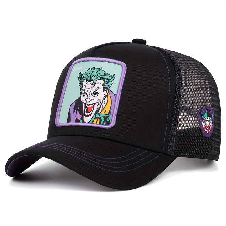Gorra de béisbol bordada Warner Bros DC JOKER para hombres y mujeres, ideal para eventos deportivos al aire libre, con diseño de malla y un elegante estilo de gorra de camionero.