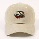 1 Gorra de béisbol impresa con un solo auricular, lavada a mano, ajustable, ligera, no elástica, con tema de vacaciones, diseño de rosa y calavera, para hombres, mujeres, ciclismo urbano al aire libre, todas las estaciones.