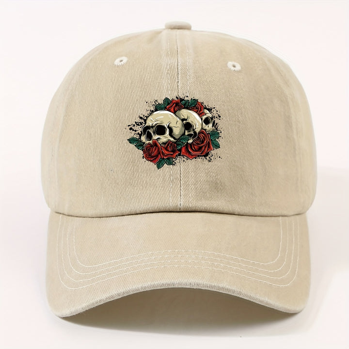 1 Gorra de béisbol impresa con un solo auricular, lavada a mano, ajustable, ligera, no elástica, con tema de vacaciones, diseño de rosa y calavera, para hombres, mujeres, ciclismo urbano al aire libre, todas las estaciones.