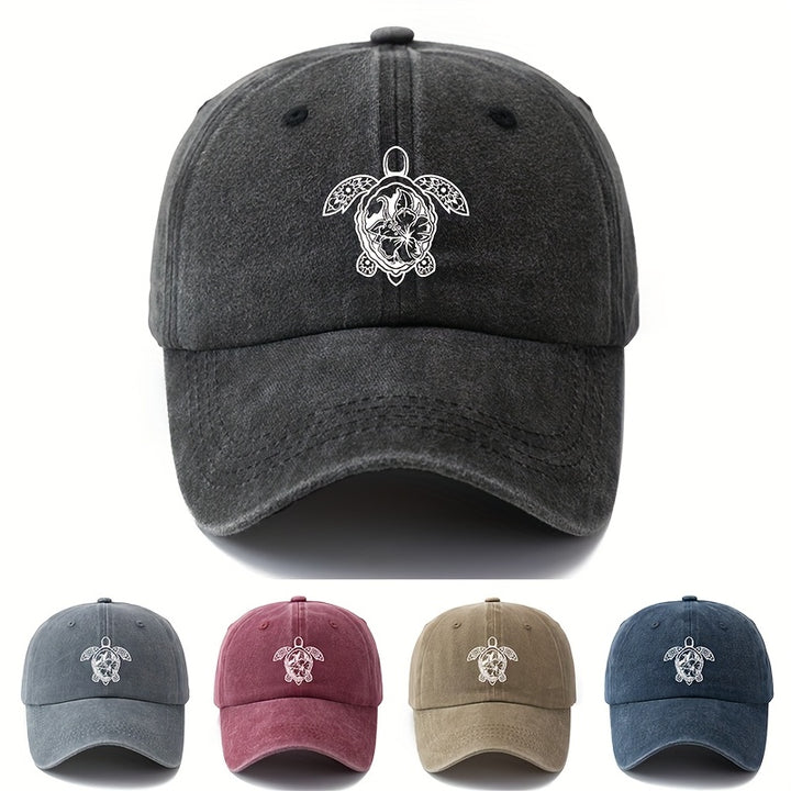 Gorra de béisbol de impresión de moda Tortuga, estilo clásico retro lavado con visera curva, accesorio casual de vacaciones al aire libre, gorra de conductor de camión