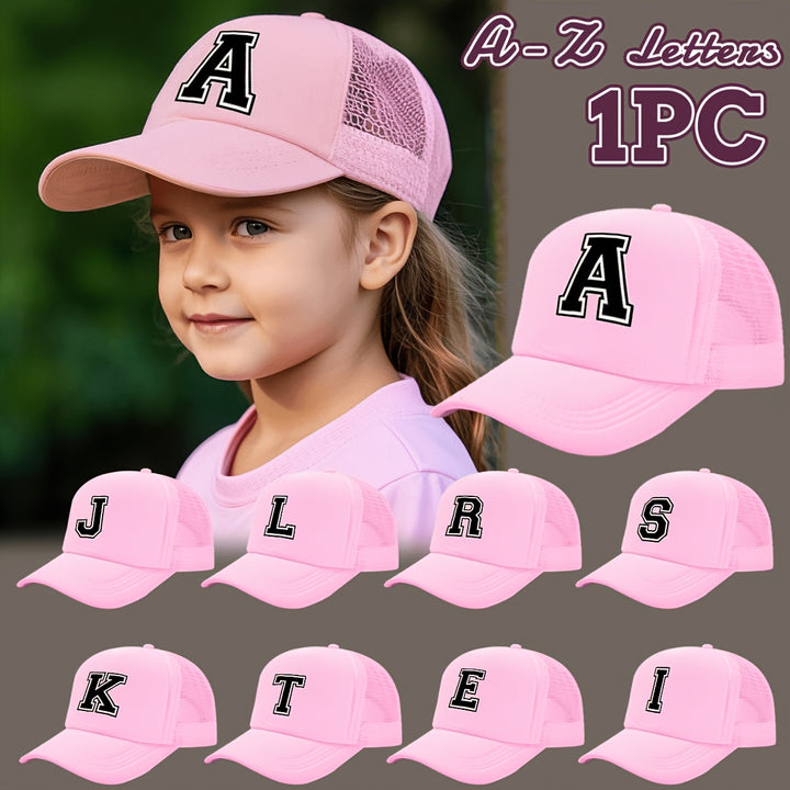 Gorra de camión con estampado de 26 letras rosa para niñas - Espalda de malla transpirable, cierre ajustable con clic, diseño de letras A-Z adecuado para regreso a clases, cumpleaños y verano | Regalo de moda, equipo casual para jóvenes | Gorra de béisbol