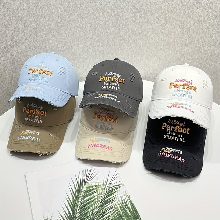 Nueva gorra de béisbol con letras bordadas suaves y rasgadas - Estilo callejero americano para parejas, gorra de béisbol versátil para caras pequeñas y grandes, solución transpirable y sin sudor.