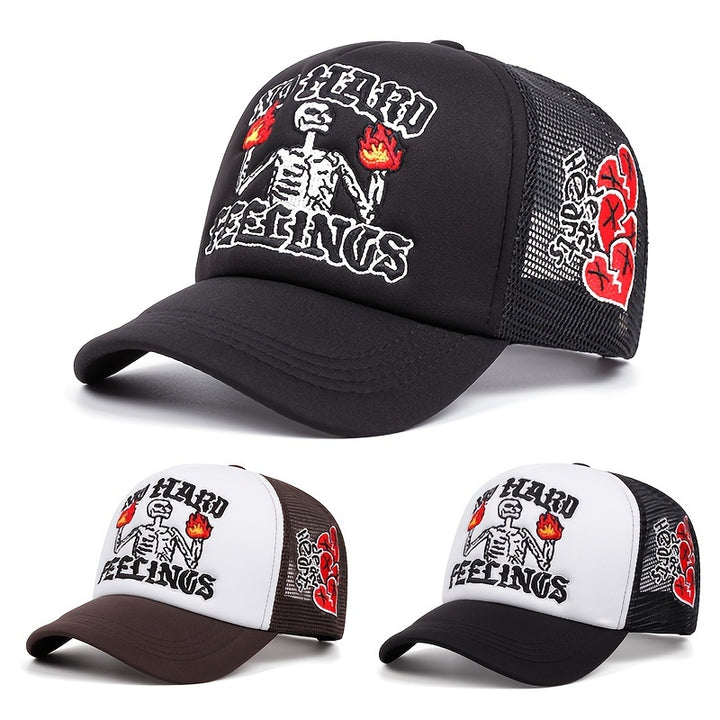 Gorra de camionero para hombres con bordado de calavera en llamas, rosa y amor, moda al aire libre, transpirable, para mujeres, estilo hip hop, protección solar, tela tejida
