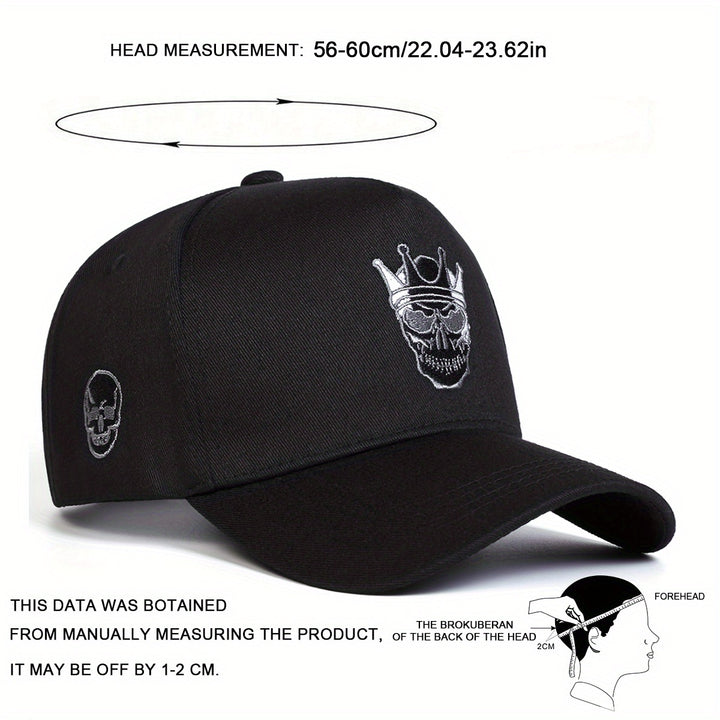 Gorra de Béisbol para Hombre con Corona de Calavera - Sombrero Ajustable de 5 Paneles con Visera Plana, Poliéster Ligero, Negra con Logo Blanco, Perfecta para Actividades al Aire Libre de Primavera/Verano, Viajes y Fiestas en la Playa, Accesorios de Playa