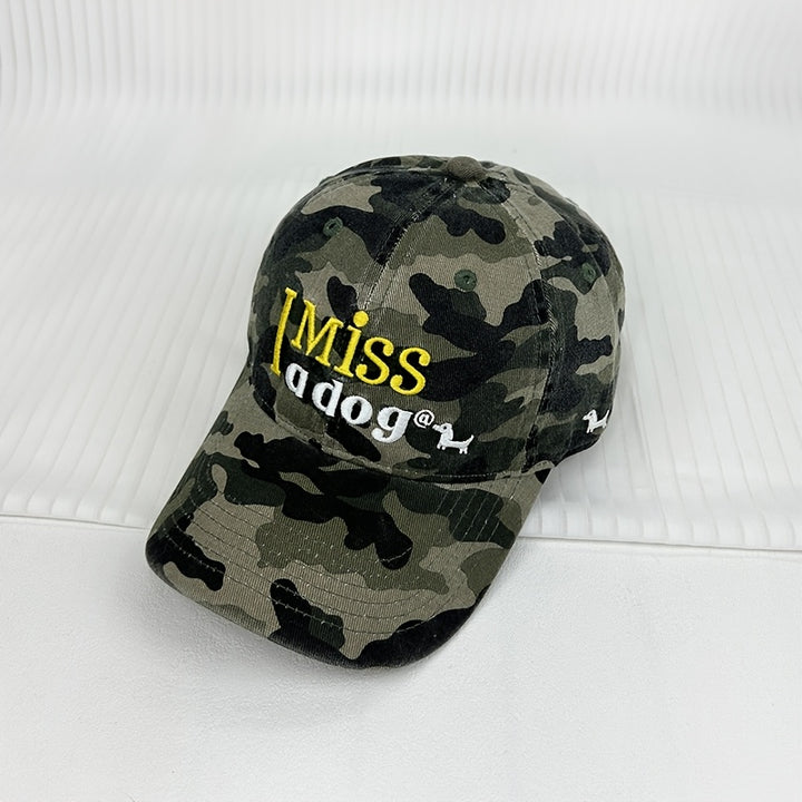 Gorra de béisbol de perro con letra bordada de caricatura americana, para mujeres, ajustable, ligera, de poliéster, con pico de pato de camuflaje, para vacaciones