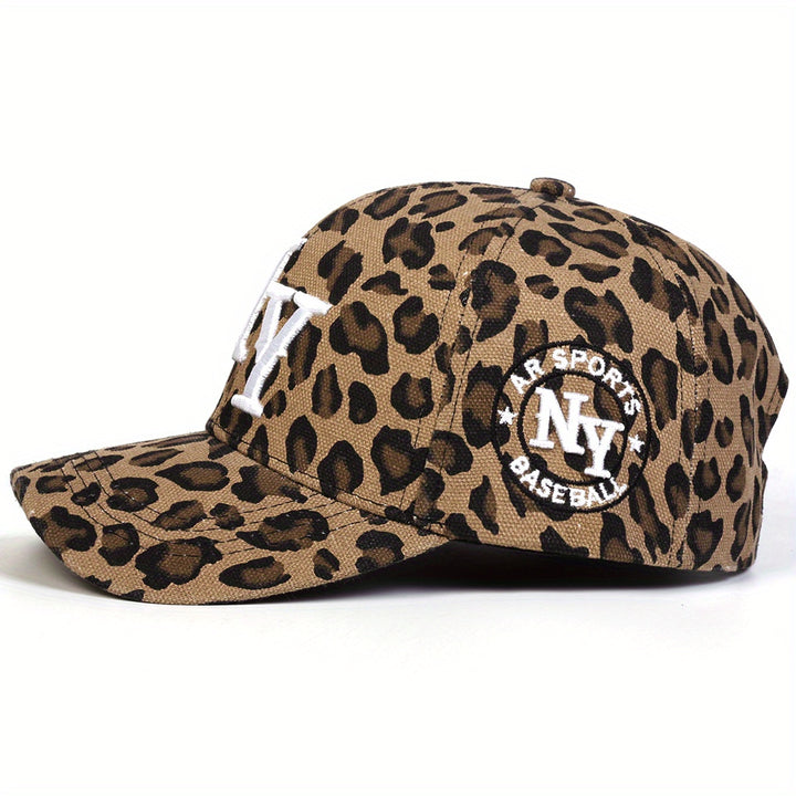 Gorra de béisbol para mujer con estampado de leopardo NY, ajustable con cierre de broche, ala ancha para protección solar, ideal para viajes al aire libre, fiestas en la playa y uso casual, accesorio para fiestas playeras | Gorra deportiva | Gorra teji...