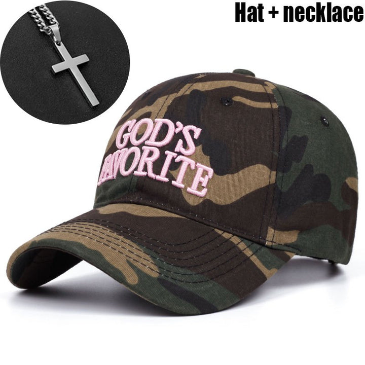 Juego de 2 piezas (gorra + collar) Gorra de béisbol con camuflaje y letras favoritas del dios para hombre, gorra deportiva transpirable de verano al aire libre, sombrero de sol unisex ajustable