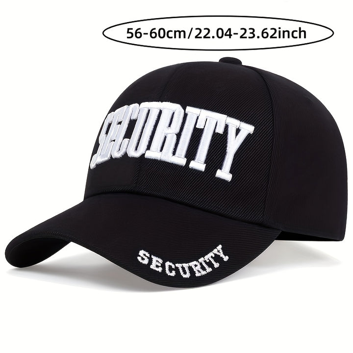 1 gorra de béisbol con borde curvo - Ligera, ajustable y con cierre de clic, con letras de SEGURIDAD audaces, para uso al aire libre en todas las estaciones, ropa de calle de hip-hop para hombres y mujeres - Diseño de contraste negro/blanco, ropa casual p