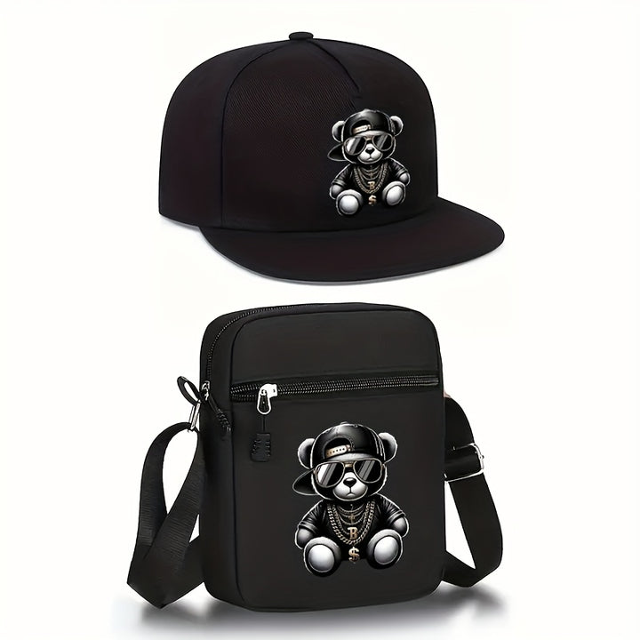 2 piezas, Gorra de Béisbol con Visera Curva y Bolso Bandolera Unisex Estampado Oso Hip-Hop, Moda Urbana Deportiva al Aire Libre Sombrero Ajustable Con Funda, Regalo para Él o Ella, Accesorio de Streetwear,Estilo Urbano,Gorra de Moda,Moda Hiphop,Ajuste Aju