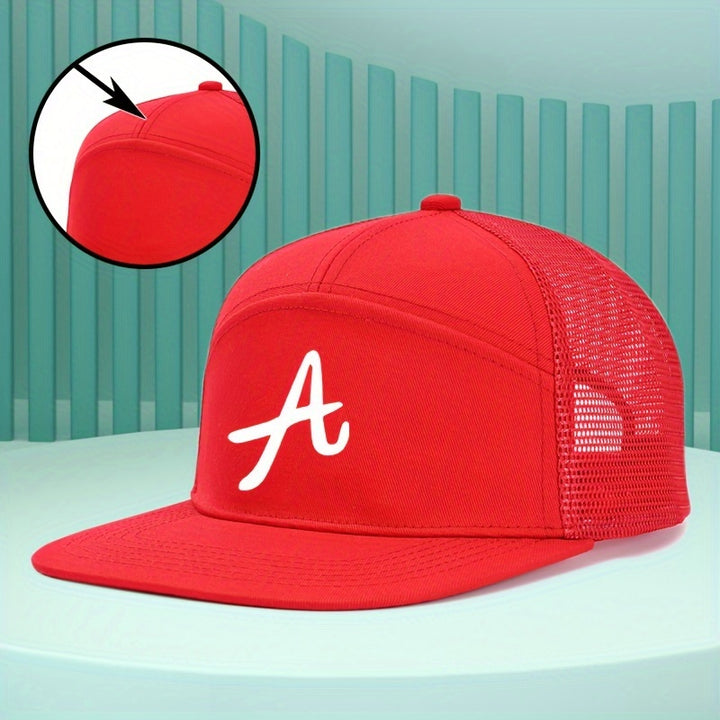 Gorra de béisbol con visera plana, 100% poliéster, letra A deportiva, cierre ajustable con hebilla, protección solar, impresión duradera, lavado en seco profesional, ideal para actividades al aire libre