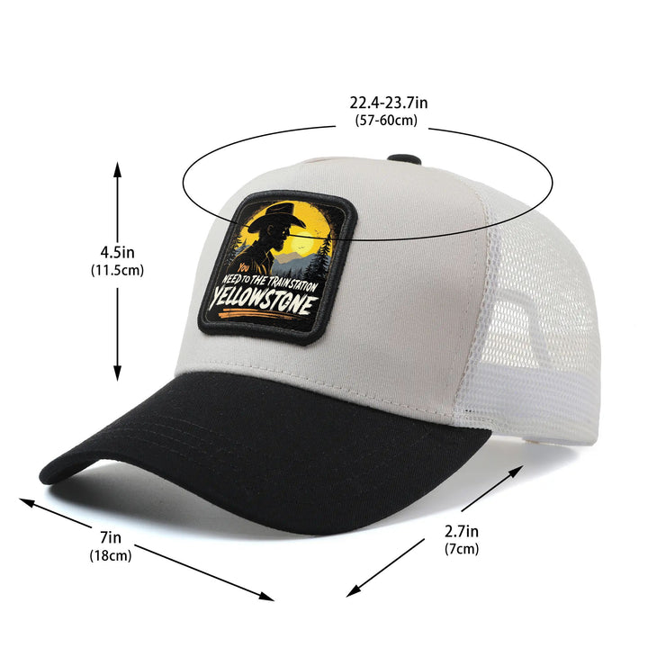 Gorra Trucker Gráfica de la Serie Western Yellowstone para Hombres y Mujeres - Cierre Ajustable Snapback, Parte Trasera de Malla Transpirable, Gorra Duradera con Logo de Yellowstone y Diseño de Dutton Ranch para Uso Casual al Aire Libre en Verano, Regalo