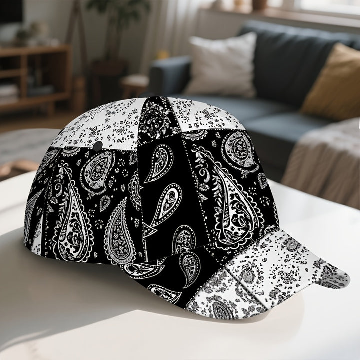 1 pieza, gorra de béisbol con estampado de paisley negro y blanco, gorra ajustable de poliéster ligero, estilo funky para uso casual, ideal para vacaciones y descansos, gorro de vacaciones | Gorra de béisbol funky | Gorra ligera