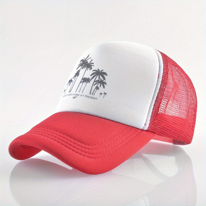 Gorra de béisbol de malla con patrón de árbol de coco, ajustable con cierre de clic, poliéster transpirable para hombres y mujeres, sombrero casual para vacaciones al aire libre, accesorio de playa.