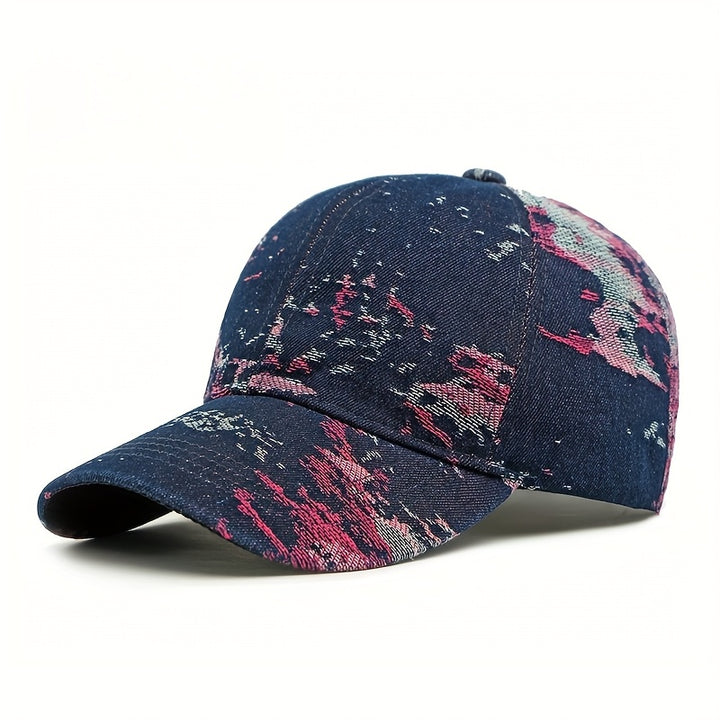 1 gorra de béisbol ajustable - Parte superior suave, tejido jacquard, absorción de humedad, ideal para viajes al aire libre, uso casual y deportes - Azul con patrón naranja y blanco, gorra de béisbol ajustable | Gorra con patrón vibrante | Diseño elegante