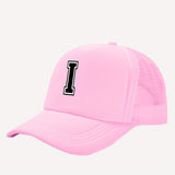 Gorra de camión con estampado de 26 letras rosa para niñas - Espalda de malla transpirable, cierre ajustable con clic, diseño de letras A-Z adecuado para regreso a clases, cumpleaños y verano | Regalo de moda, equipo casual para jóvenes | Gorra de béisbol