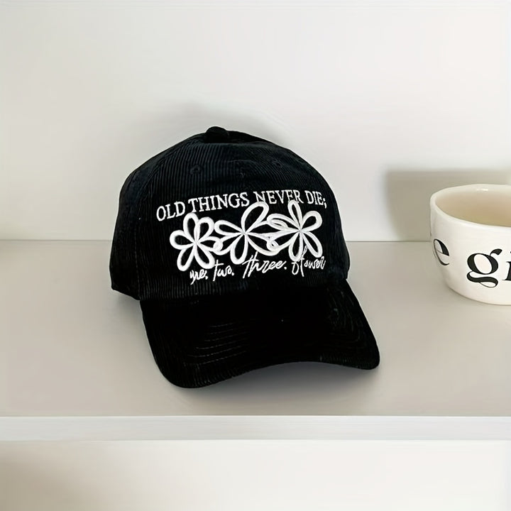 Gorra de béisbol retro floral para mujer con texto japonés y adornos florales - Cierre ajustable snapback, ajuste estructurado ligero