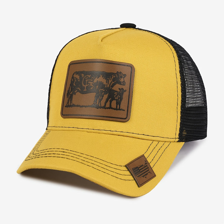 Gorra Trucker Grande de Estilo Europeo con Parches de Malla - Visera Ancha con Estampado Animal de Piel de Vaca, Ligera 50% /, Marrón Pastoral/Beige para Viajes al Aire Libre, Visitas a Granjas y Uso Casual (Ajustable)