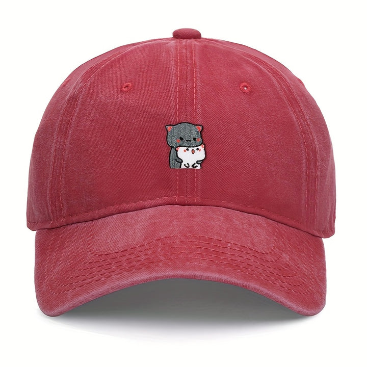 1 pieza de gorra de béisbol bordada con dibujos animados de gatitos grises y blancos, ajustable, ligera, transpirable, para todas las estaciones, poliéster, 100g/m², con instrucciones de cuidado de lavado a mano.