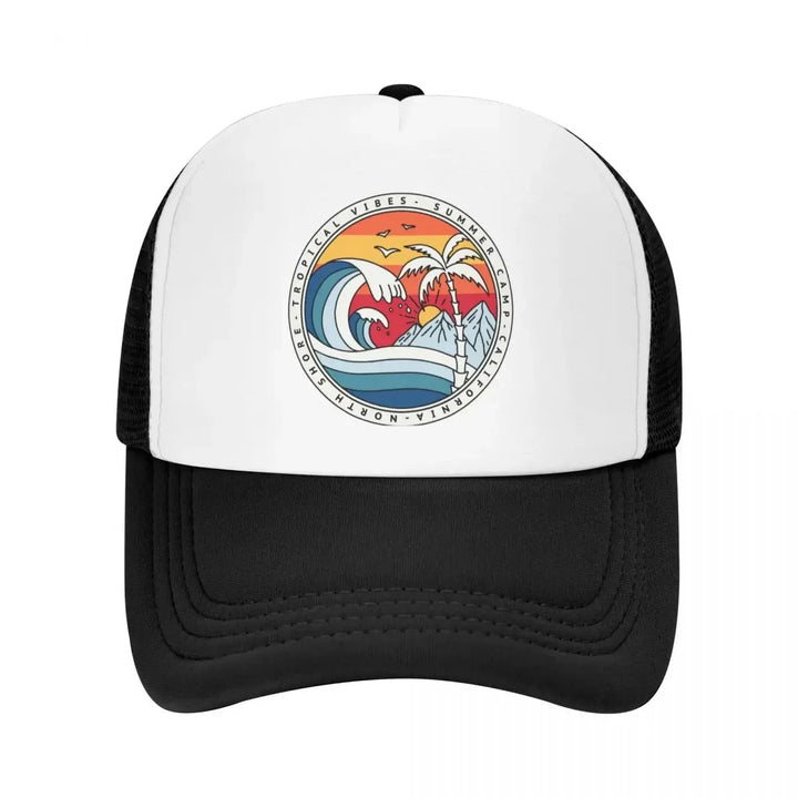 Gorra de béisbol Y2K California Beach Surfing Snapback para hombres y mujeres, tela de poliéster elástica mediana, estilo veraniego de surfista, lavable en máquina, plástico PVC - Blanco y Negro