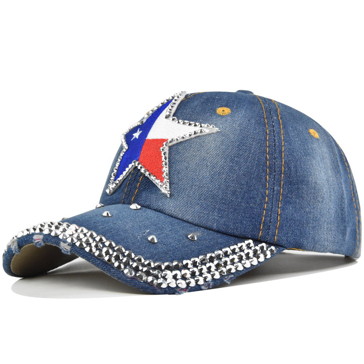 Gorra de béisbol para mujer con la bandera de Texas, estrella de cinco puntas y diamantes - Cierre ajustable con visera, diseño brillante, sombrero de vaquero de lujo para outfits diarios, eventos temáticos y orgullo texano (Negro, Blanco, Azul, Rosa, Mar