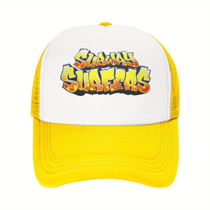 Sombrero de camionero para Subways Surfers unisex - Espalda de malla ajustable, diseño de dibujos animados vibrante, amarillo y blanco, perfecto para el verano, la pesca y las actividades al aire libre, calzado ajustable | Gorra gráfica vibrante | Sombrer