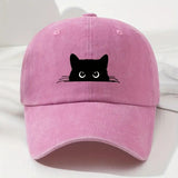 Gorra de béisbol negra para mujer con diseño de lindo rostro de gato - Snapback ajustable transpirable, orejas de gato juguetonas y ojos expresivos, sombrero casual duradero para otoño e invierno, gorro urbano para el día a día para mujeres