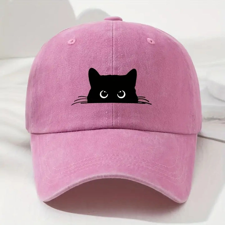 Gorra de béisbol negra para mujer con diseño de lindo rostro de gato - Snapback ajustable transpirable, orejas de gato juguetonas y ojos expresivos, sombrero casual duradero para otoño e invierno, gorro urbano para el día a día para mujeres