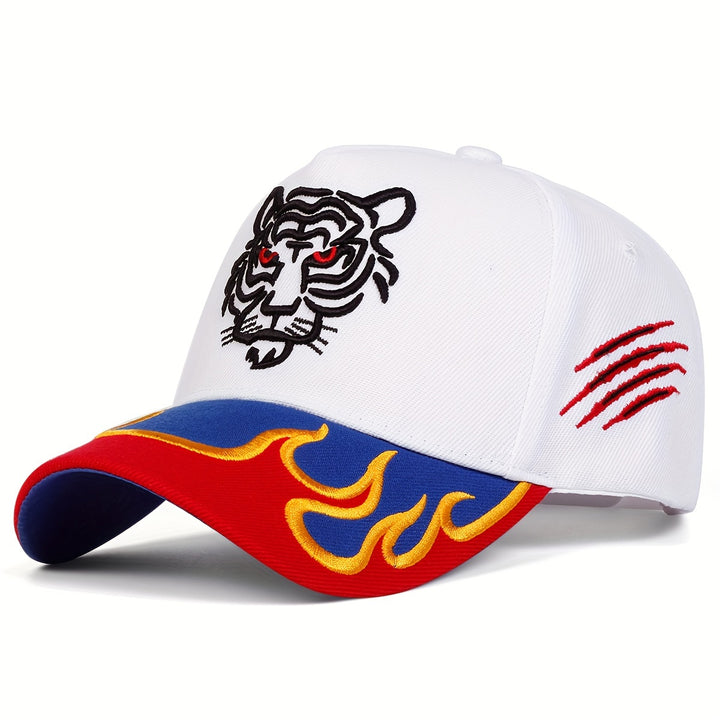 Gorra de béisbol para hombre con bordado de tigre en llamas, ajustable, protección solar, diseño en rojo y amarillo intenso, ideal para viajes en primavera y otoño y vacaciones en la playa