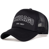 Gorra de malla transpirable con impresión de Chicago Est. 1837 - Gorra de béisbol liviana de punto para todas las estaciones, protección solar unisex para hip-hop, prohibido lavar a máquina