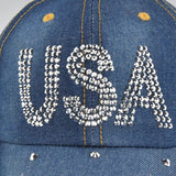 Gorra de béisbol para hombre con diamantes de imitación brillantes y letras de EE. UU. - Sombrero de ala curva estructurado de 6 paneles, gorro ligero para todas las estaciones para el 4 de julio, eventos deportivos y atuendos casuales, diseño duradero si