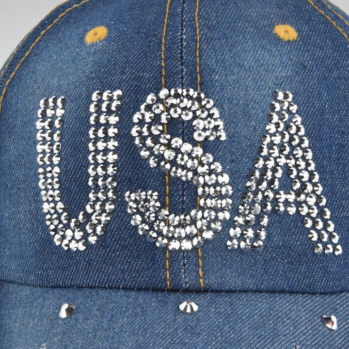 Gorra de béisbol para hombre con diamantes de imitación brillantes y letras de EE. UU. - Sombrero de ala curva estructurado de 6 paneles, gorro ligero para todas las estaciones para el 4 de julio, eventos deportivos y atuendos casuales, diseño duradero si