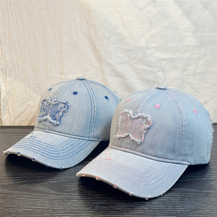 Gorra de Béisbol Bordada con Parche de Mariposa y Ala Ancha, Gorra Duckbill Lavado Desgastada y Rotos, Pequeña Azul Unisex a la Moda que Deja al Descubierto el Rostro