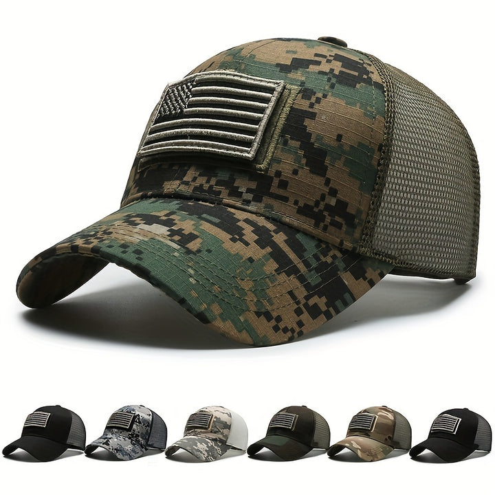 Gorra de béisbol táctica para hombre con parche de bandera americana impresa, transpirable, secado rápido, parte trasera de malla y ajuste adaptable para actividades al aire libre como pesca, senderismo y viajes