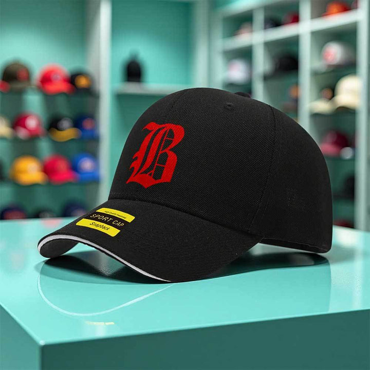 Gorra con Logo de Boston en Relieve para Hombres y Mujeres - Letras Rojas Audaces & Emblema B, Ropa Urbana Ligera Para Todas las Estaciones, Cierre Snapback, 6 Paneles Diseño Curvo Visir Lavable a Mancha Negra Con letras rojas Y Piping Blanco Gorro Casual