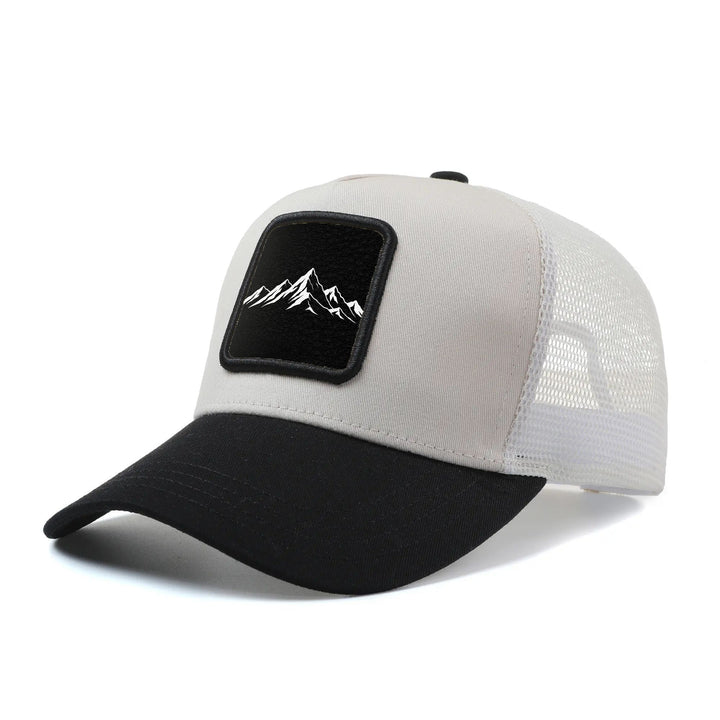Gorra de Camionero Ajustable para Hombres y Mujeres - Parte Trasera Transpirable con Diseño Abstracto Montaña & Árbol, Gorro Blanco/Negru