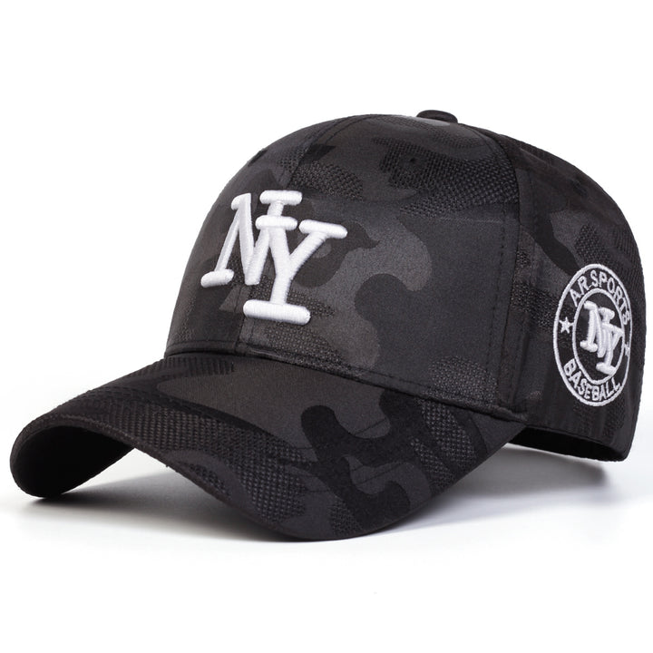1 Gorra de béisbol de camuflaje con letra NY para hombre, ajustable, protección solar, sombrero casual para primavera y otoño, viajes y vacaciones en la playa.