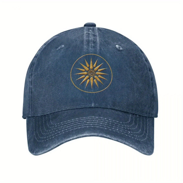 Gorra de Béisbol Dorada con Símbolo de Macedonia - Gorra Ajustable Snapback, Diseño de Seis Paneles en Denim Transpirable para Hombres y Mujeres, Estilo Casual Urbano (Lavable a Máquina) - Uso Formal y Diario, Sombrero Versátil, Emblema Impreso, Cómoda y