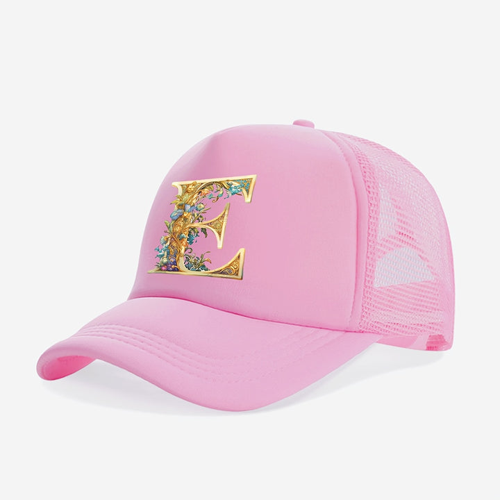 Gorra Trucker para Jóvenes con Diseño de Letra A Floral Dorada - Protección Solar Transpirable, 100% Poliéster, Cierre Ajustable con Broche, Rosa para Primavera/Verano, Regreso a Clases y Día del Maestro (Edades 3-14)
