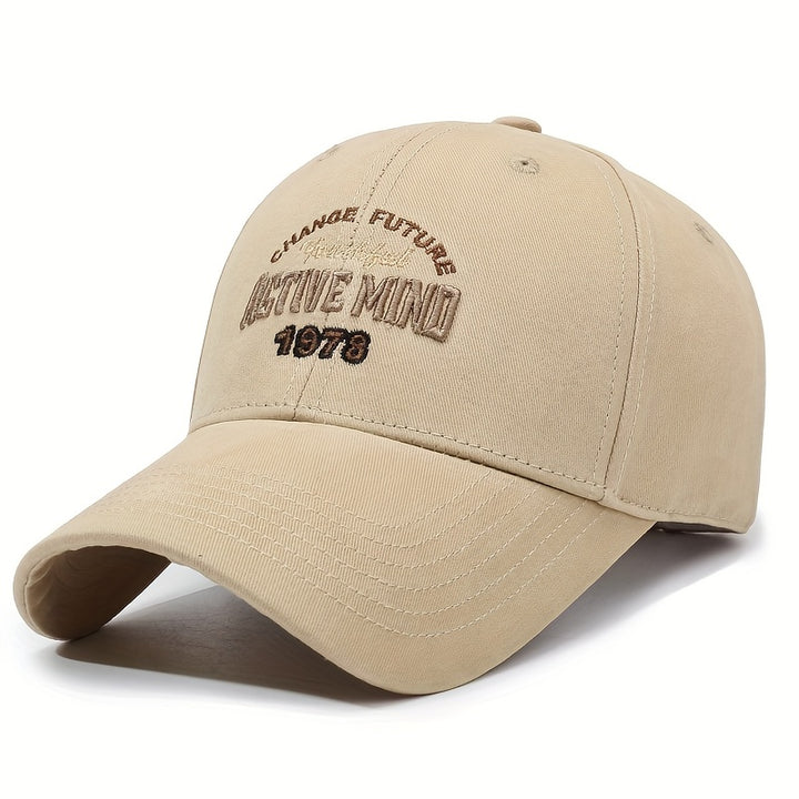 Gorra de Béisbol Unisex con Bordado Retro 'Mind' 1975 en Tono Dorado - Ajuste de Broche, Seis Paneles, Diseño de Fácil Cuidado para Todas las Estaciones, Casual y al Aire Libre