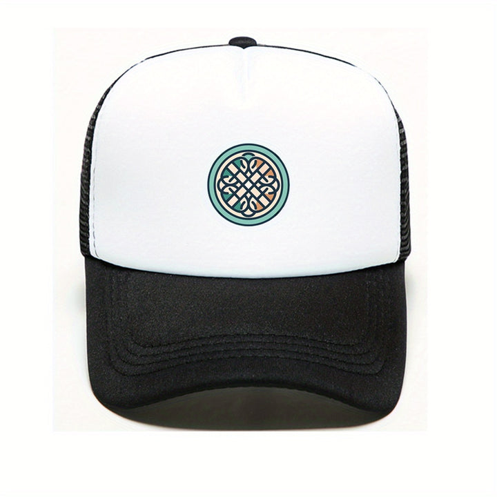 1 gorra de béisbol con nudo celta para hombres y mujeres - Gorra tipo trucker ajustable con patrón verde/blanco/rosa, trasera transpirable en malla, poliéster duradero - Unisex para festivales al aire libre, conciertos, pesca y estilo casual