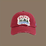 Gorra de Béisbol Happy Camper con Parches - Ajustable con Cierre Snapback, Poliéster Ligero, Diseño Desgastado con Gráficos de Bosque y Fuego de Camping, Ropa Casual Unisex para Aficionados al Exterior