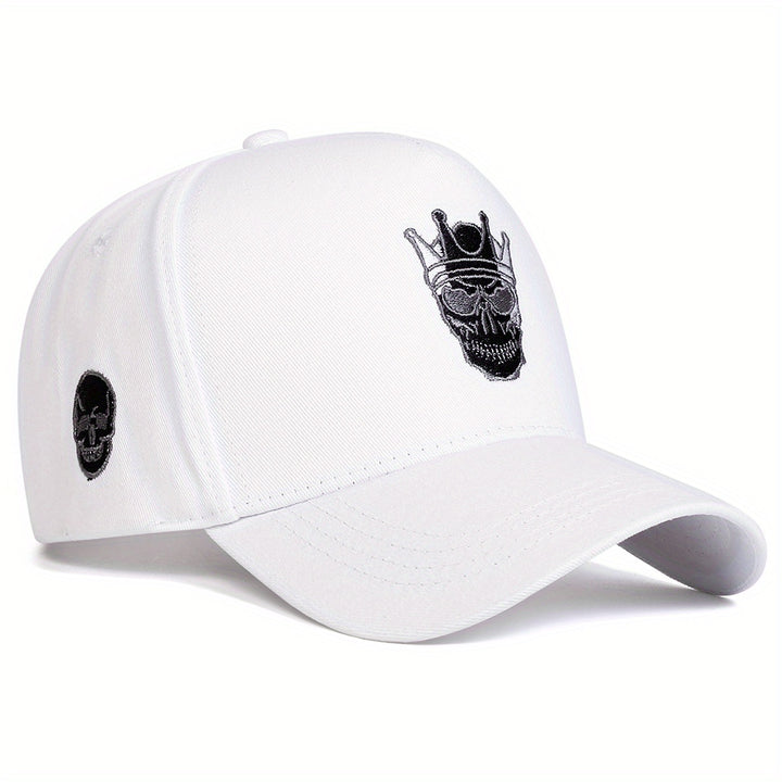 Gorra de Béisbol para Hombre con Corona de Calavera - Sombrero Ajustable de 5 Paneles con Visera Plana, Poliéster Ligero, Negra con Logo Blanco, Perfecta para Actividades al Aire Libre de Primavera/Verano, Viajes y Fiestas en la Playa, Accesorios de Playa
