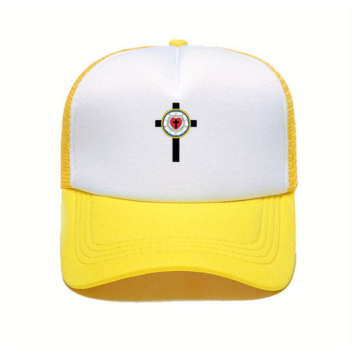 1 pieza de gorra de béisbol con cruz de rosa de Lutero - Diseño de dos tonos rosa y blanco con cruz negra, poliéster, ajustable con cierre de presión, perfecta para golf, deportes y uso casual, idea de regalo para el Día de la Madre, gorro casual | Gorra