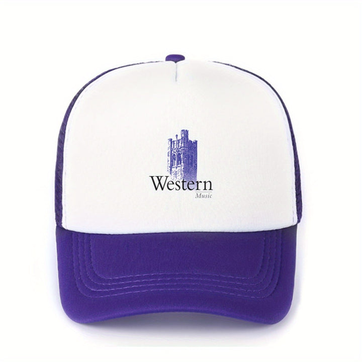 1pc Gorra de Béisbol Estilo Trucker con Logo de Música Occidental - Sombrero de Papá Transpirable en Poliéster con Panel Frontal Blanco y Visera Rosa, Gráfico de Nota Musical y Sombrero Vaquero, Ropa Casual Unisex para Hombres y Mujeres, Accesorio para Di