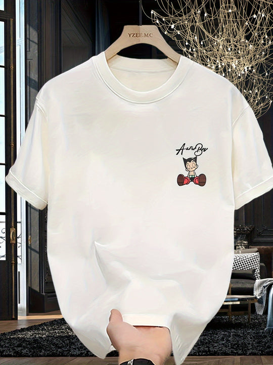 Camiseta casual de verano para hombre con estampado gráfico de Astro Boy, camiseta negra de manga corta, tejido no elástico, cuello redondo, ajuste holgado, perfecta para ropa casual, camiseta de uso diario | Camiseta con cuello redondo | Ajuste cómodo, c