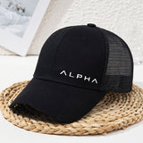 Gorra de béisbol ajustable Alpha Logo, negra y blanca, con malla transpirable en la parte trasera, ideal para conductores, mujeres y hombres, lavable a máquina, gorra de verano