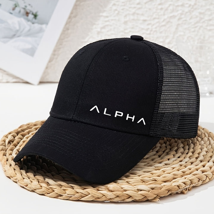 Gorra de béisbol ajustable Alpha Logo, negra y blanca, con malla transpirable en la parte trasera, ideal para conductores, mujeres y hombres, lavable a máquina, gorra de verano